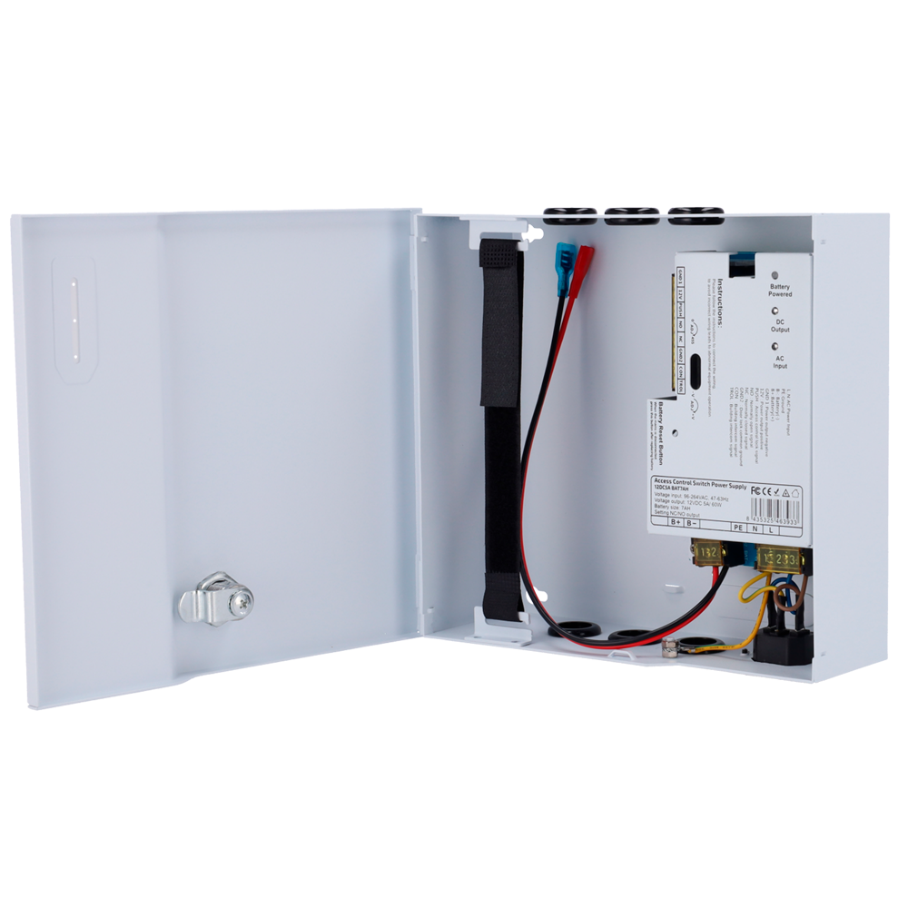 MARCA BLANCA AC-12DC5A-BAT7AH - Alimentador para control de acceso - Configurable NO/NC - Salida DC 11-14V / 5A / 60W - Caja de metal con cerradura - Apto para batería auxiliar 12V / 7Ah - Montaje en superficie - imagen 1