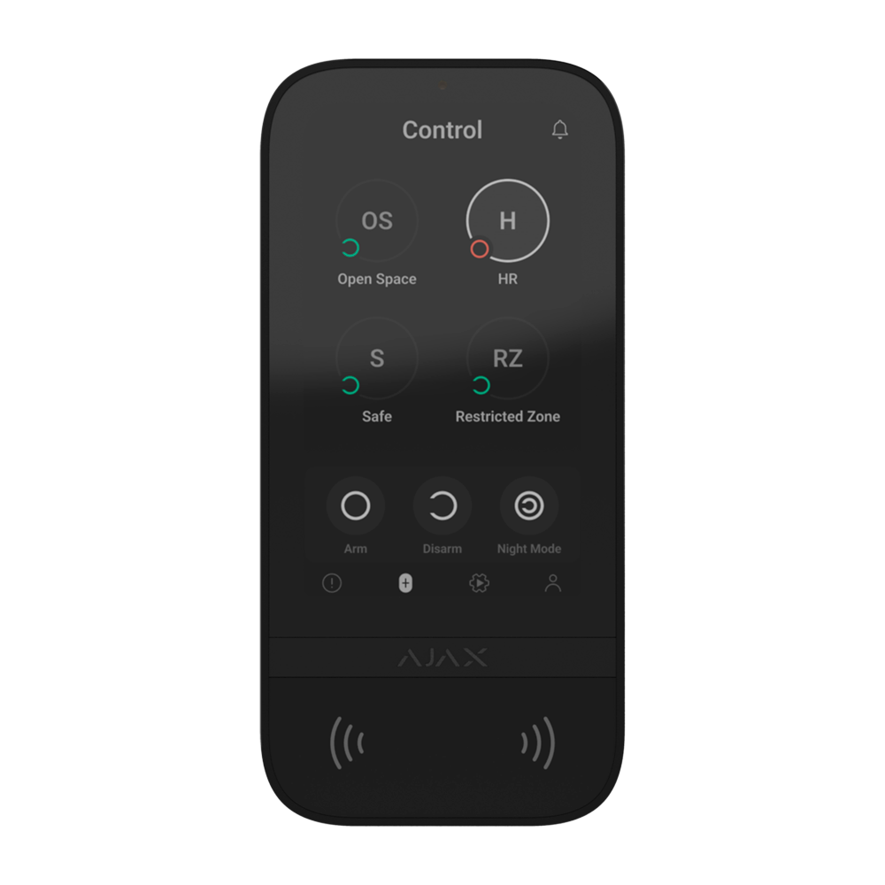 AJAX AJ-KEYPADTOUCHSCREEN-B - Teclado con pantalla táctil y RFID - Grado 2 - Inalámbrico 868 MHz Jeweller - Armado/desarmado total o por grupos - Control de los escenarios de automatización - Autenticación: códigos, lector RFID o Bluetooth - Notificacione - imagen 1