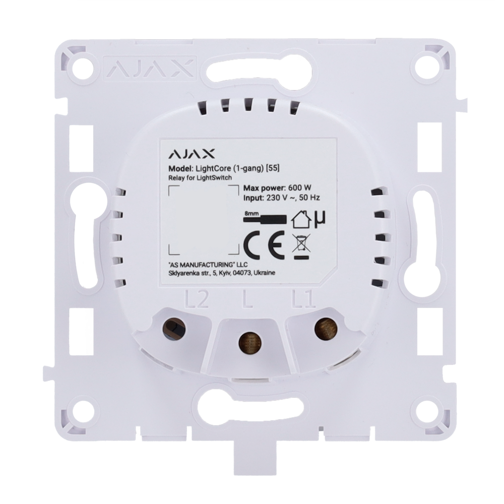 AJAX AJ-LIGHTCORE-1G - Relé para interruptor de luz inteligente simple - Inalámbrico 868 MHz Jeweller - Alcance de comunicación hasta 1100 m - Alimentación 230 V AC 50 Hz - Sin necesidad de cable neutro - Ajax - LightSwitch LightCore (1 Gang) - imagen 1