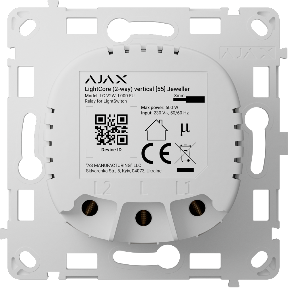 AJAX AJ-LIGHTCORE-2W-VERT - Relé para interruptor de luz conmutable vertical - Inalámbrico 868 MHz Jeweller - Alcance de comunicación hasta 1100 m - Alimentación 230 V AC 50 Hz - Sin necesidad de cable neutro - Ajax - LightSwitch LightCore Vertical (2 Way - imagen 1