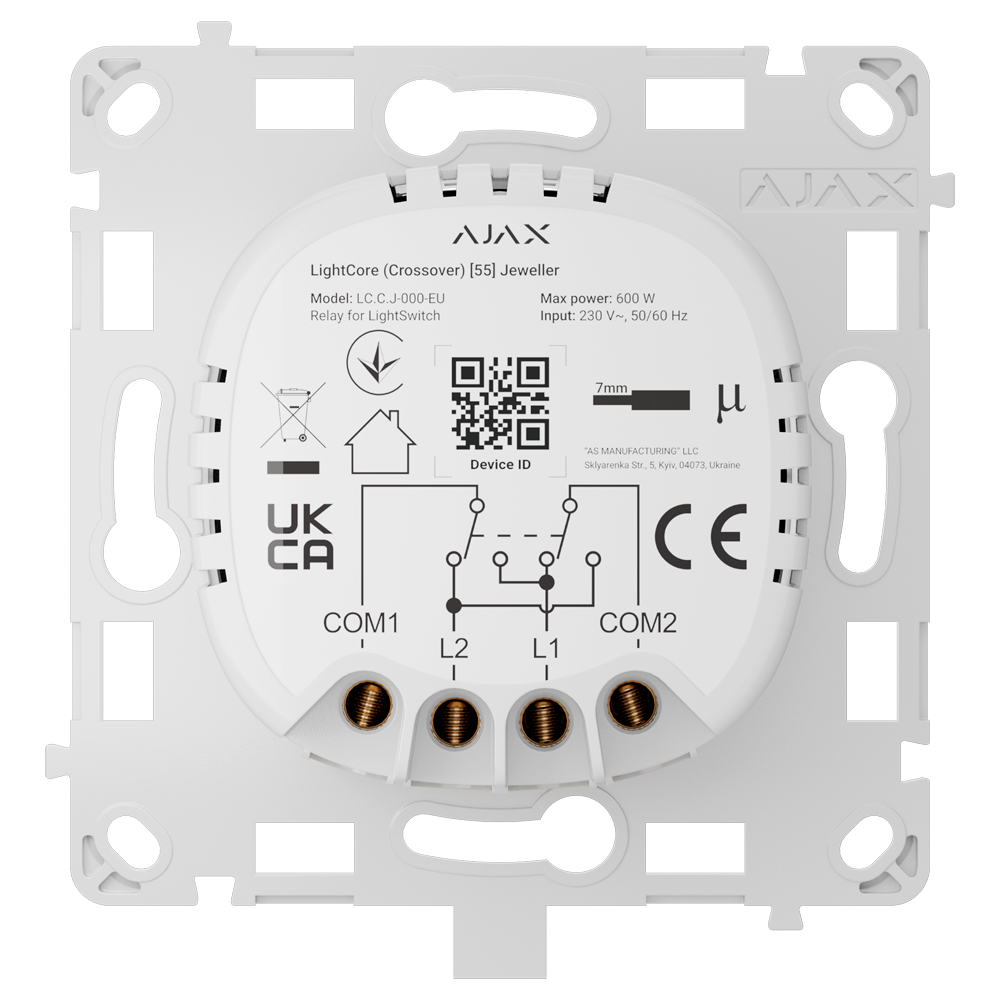 AJAX AJ-LIGHTCORE-CROSS - Relé para interruptor de luz de cruce - Inalámbrico 868 MHz Jeweller - Alcance de comunicación hasta 1100 m - Alimentación 230 V AC 50 Hz - Sin necesidad de cable neutro - Ajax - LightSwitch LightCore (Crossover) - imagen 1