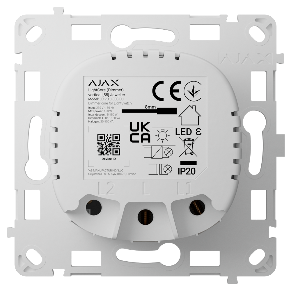 AJAX AJ-LIGHTCORE-DIMMER-VERT - Relé interruptor de luz inteligente regulable - Inalámbrico 868 MHz Jeweller - Alcance de comunicación hasta 900 m - Alimentación 230 V AC 50 Hz - Sin necesidad de cable neutro - Ajax - LightSwitch LightCore (Dimmer) Vertic - imagen 1