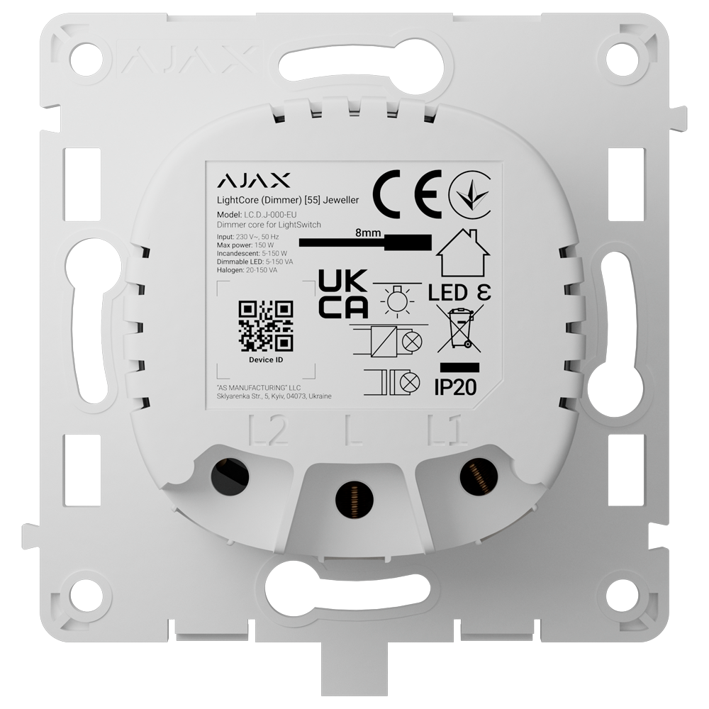 AJAX AJ-LIGHTCORE-DIMMER - Relé interruptor de luz inteligente regulable - Inalámbrico 868 MHz Jeweller - Alcance de comunicación hasta 900 m - Alimentación 230 V AC 50 Hz - Sin necesidad de cable neutro - Ajax - LightSwitch LightCore (Dimmer) - imagen 1
