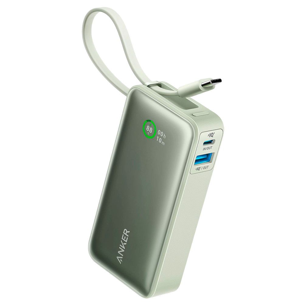 ANKER ANK-1259-G - Anker Power Bank con pantalla LCD - Capacidad 10000mAh | Color verde - Entradas cable integrado, Puerto USB-C - Salidas cable integrado, USB-C y USB-A - Cable integrado: USB-C - Carga rápida | 3 dispositivos a la vez - imagen 1