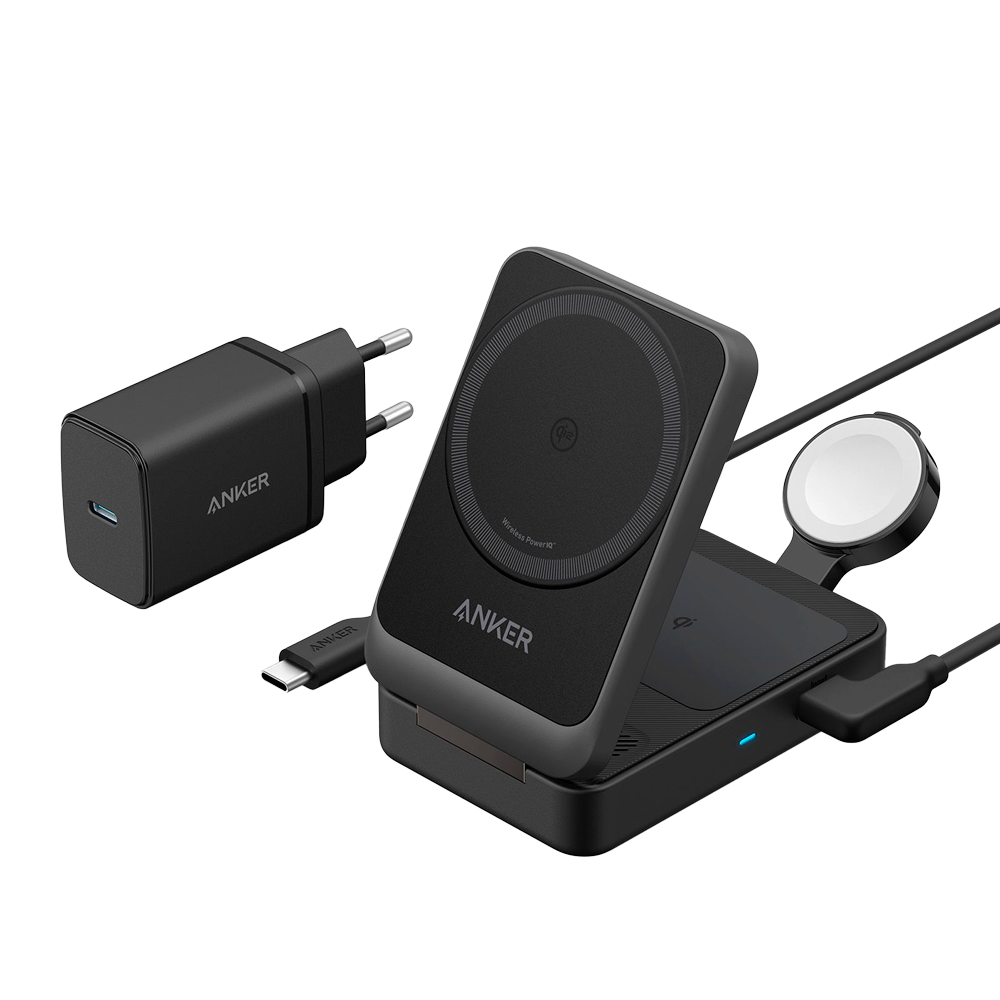 ANKER ANK-2557-3-IN-1-B - Cargador inalámbrico 3 en 1 Anker - Tecnología Magsafe - Carga rápida: iPhone, Airpods, Apple Watch - Carga 3 dispositivos a la vez - Acepta modo vertical o horizontal - Plegable | Color negro - imagen 1