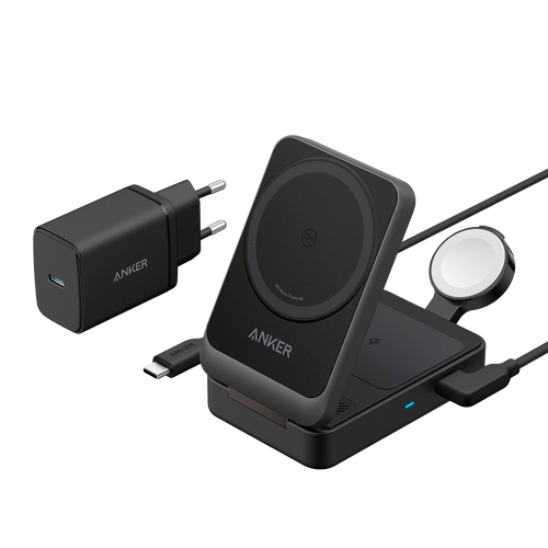 ANKER ANK-2557-3-IN-1-B - Cargador inalámbrico 3 en 1 Anker - Tecnología Magsafe - Carga rápida: iPhone, Airpods, Apple Watch - Carga 3 dispositivos a la vez - Acepta modo vertical o horizontal - Plegable | Color negro - imagen 1
