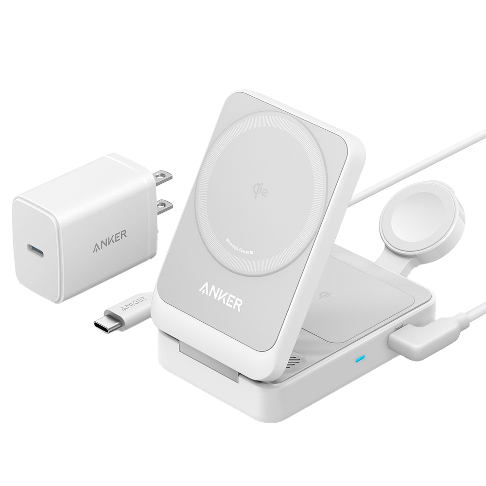 ANKER ANK-2557-3-IN-1-W - Cargador inalámbrico 3 en 1 Anker - Tecnología Magsafe - Carga rápida: iPhone, Airpods, Apple Watch - Carga 3 dispositivos a la vez - Acepta modo vertical o horizontal - Plegable | Color blanco - imagen 1