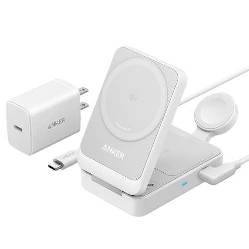ANKER ANK-2557-3-IN-1-W - Cargador inalámbrico 3 en 1 Anker - Tecnología Magsafe - Carga rápida: iPhone, Airpods, Apple Watch - Carga 3 dispositivos a la vez - Acepta modo vertical o horizontal - Plegable | Color blanco - imagen 1