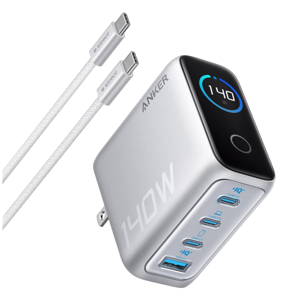 ANKER ANK-2697-140W1A3C-S - Anker - Cargador USB plegable - Potencia 140W | Display inteligente - Carga rápida | Tecnología GaN - Salidas 1x USB-A, 3x USB-C - Color plata | Cable 1.5m incluido