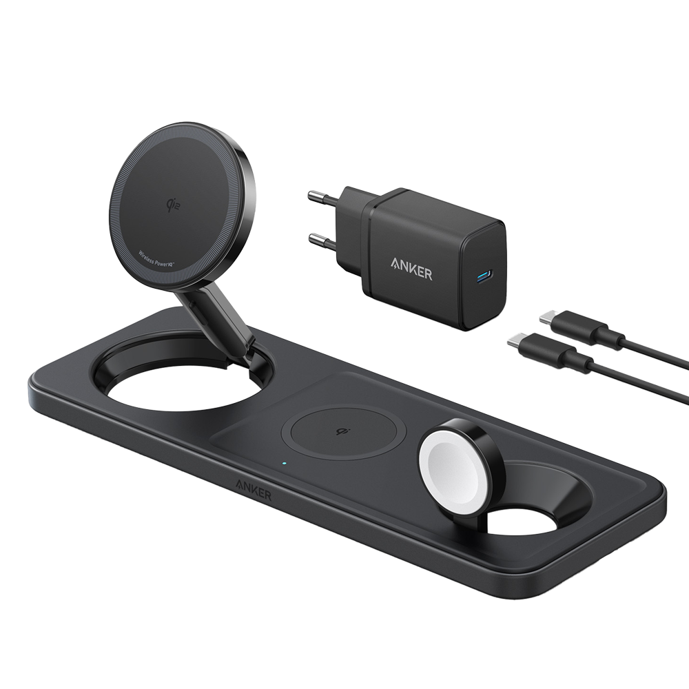 ANKER ANK-PWCHARGER-3-IN-1-B - Cargador inalámbrico 3 en 1 Anker - Tecnología MagGo - Carga rápida: iPhone, Airpods, Apple Watch - Carga 3 dispositivos a la vez - Carga rápida 15W - Estructura horizontal | Color negro - imagen 1
