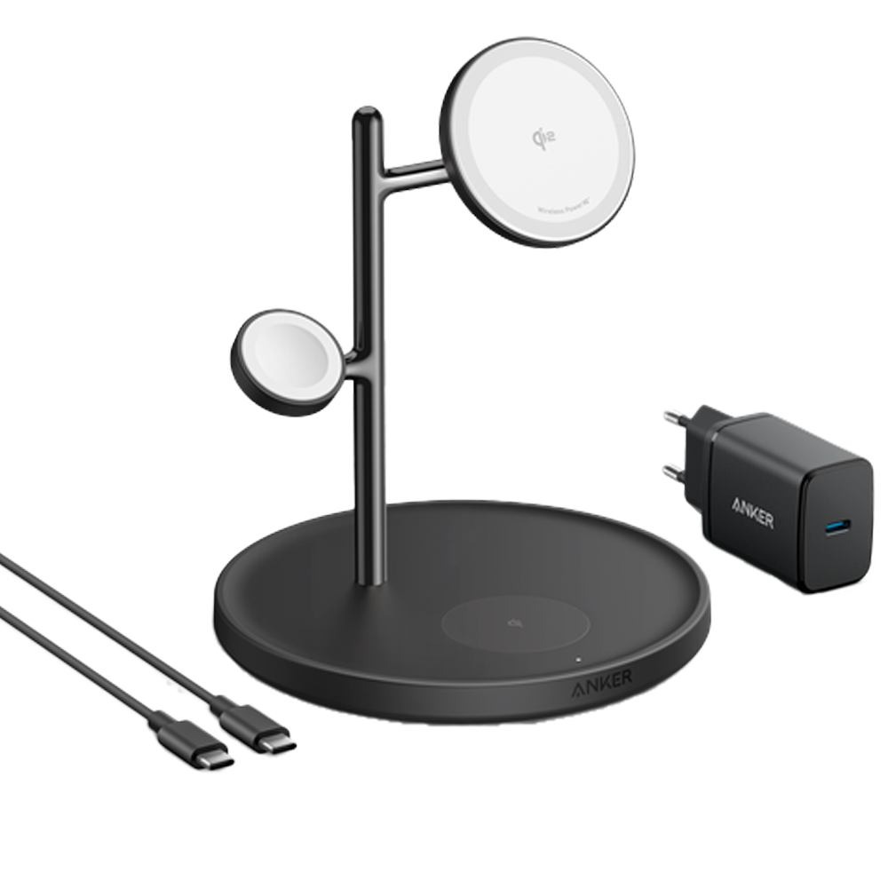 ANKER ANK-SWCHARGER-3-IN-1-B - Cargador inalámbrico 3 en 1 Anker - Tecnología MagGo - Carga rápida: iPhone, Airpods, Apple Watch - Carga optimizada 3 dispositivos a la vez - Soporte vertical para colocar dispositivos - Color negro - imagen 1