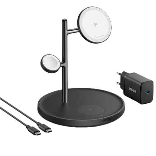 ANKER ANK-SWCHARGER-3-IN-1-B - Cargador inalámbrico 3 en 1 Anker - Tecnología MagGo - Carga rápida: iPhone, Airpods, Apple Watch - Carga optimizada 3 dispositivos a la vez - Soporte vertical para colocar dispositivos - Color negro - imagen 1