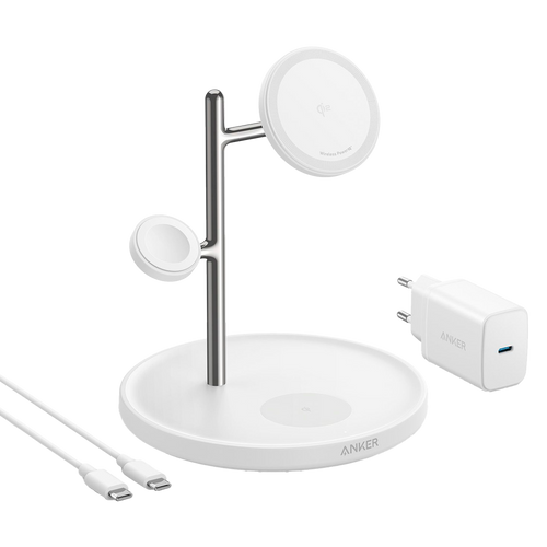 ANKER ANK-SWCHARGER-3-IN-1-W - Cargador inalámbrico 3 en 1 Anker - Tecnología MagGo - Carga rápida: iPhone, Airpods, Apple Watch - Carga 3 dispositivos a la vez - Estructura para colocar dispositivos - Color blanco - imagen 1