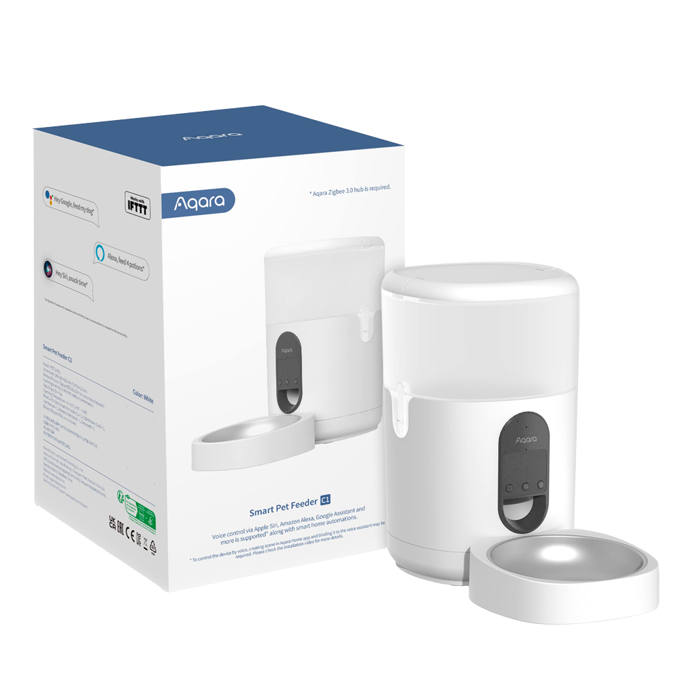 AQARA AQ-PETC1-M01 - Aqara Comedero Inteligente C1 - Dosificación exacta programable en porciones - Depósito de 4 litros y componentes lavables - Zigbee / Hub - Soporta USB-A de 5V/1A o 3x Pilas alcalinas LR20 - Compatible con Apple Homekit / Alexa y Goog