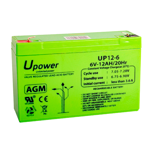UPOWER BATT-6012-U - Upower - Batería recargable - Tecnología plomo ácido AGM - Voltaje 6 V - Capacidad 12.0 Ah - 100 x 151 x 51 / 1800 g - Para respaldo o uso directo - imagen 1