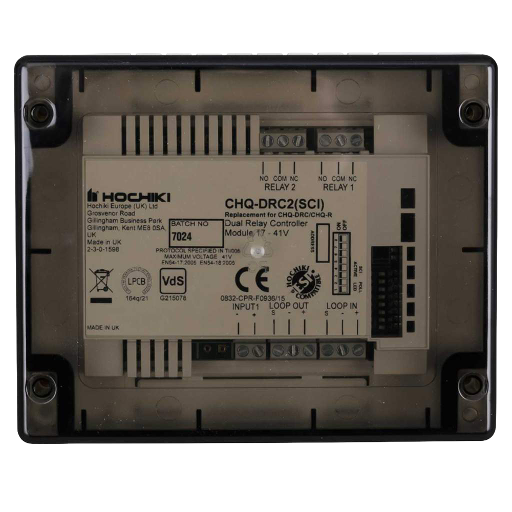 HOCHIKI CHQ-DRC2/M(SCI) - Hochiki - Gama Marina - Protocolo ESP - EN54-18, EN54-17, MED - Aislador de Cortocircuito - Módulo control dos salidas