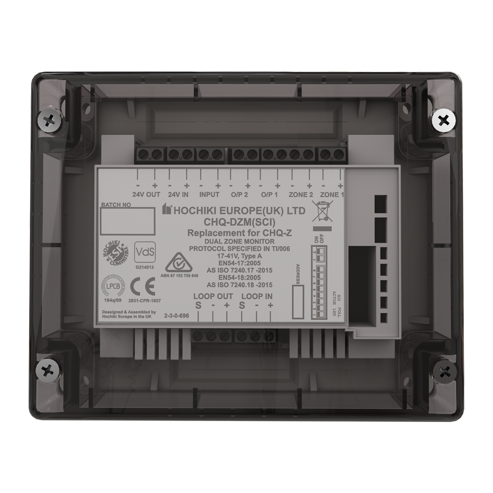 HOCHIKI CHQ-DZM(SCI) - Monitor de doble zona convencional - Integra un aislador de cortocircuito - Conecta detectores convencionales - Protocolo de lazo ESP Hochiki - Soporta hasta sesenta detectores - Requiere una alimentación auxiliar de 24 VDC
