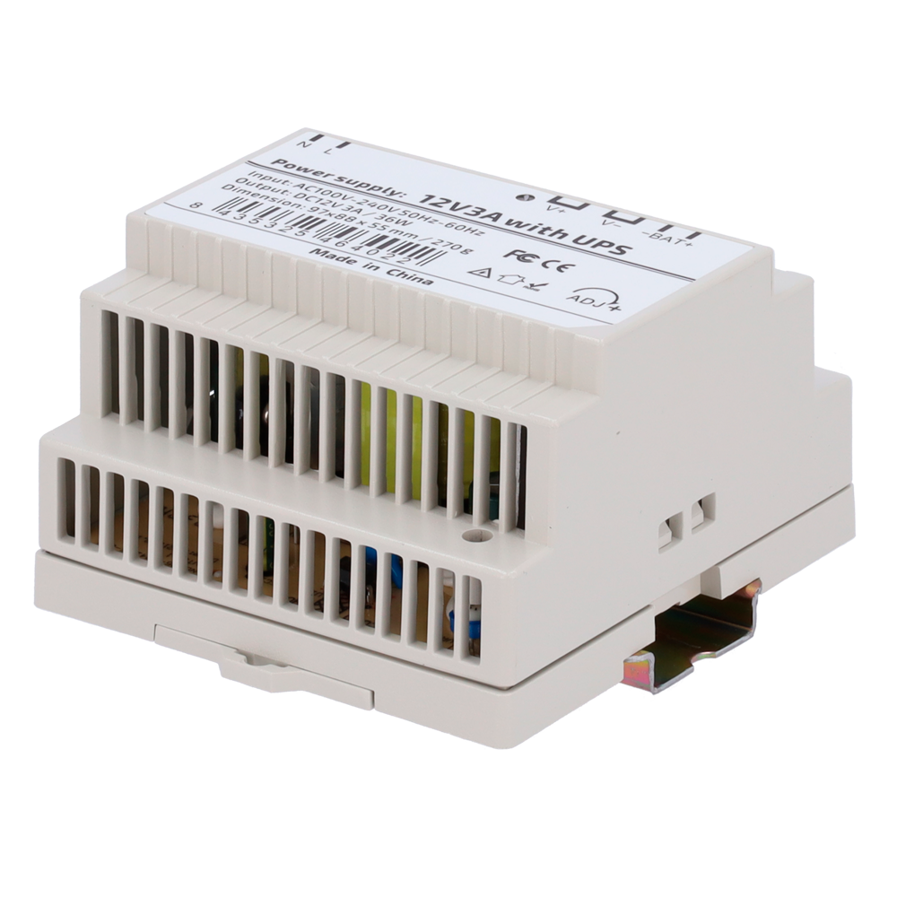 STEADY DC12V3A-DIN-UPS-P - Fuente de alimentación con función UPS - Salida DC 12 V 3 A / 36 W - Voltaje entrada AC 100V ~ 240V 50Hz-60Hz - 97 (Fo) x 55 (Al) x 88 (An) mm - Montaje en carril DIN - Protección: Sobrecarga/Sobrevoltaje/Cortocircuito - imagen 1