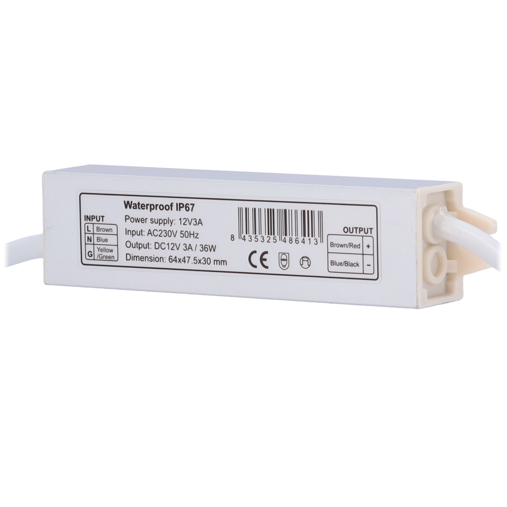 MARCA BLANCA DC12V3A-IP67 - Fuente de alimentación exterior estanca e industrial - Potencia de salida estable de 36W a 12 VDC - Grado de protección impermeable certificado IP67 - Entrada de alimentación estándar AC 230V 50Hz - Triple protección activa de - imagen 1