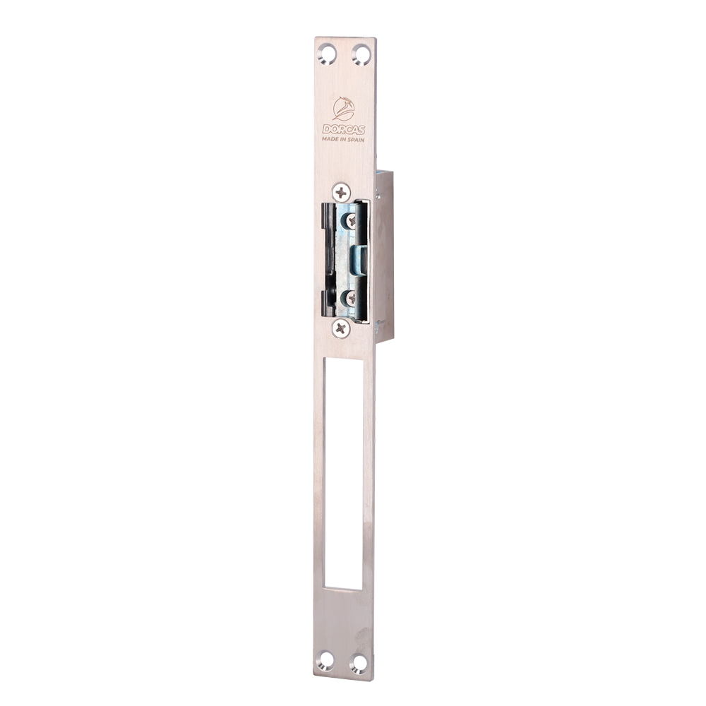 DORCAS DR-99NF-TOP/YMX - Abrepuertas eléctrico inoxidable Dorcas - Plug&amp;Play instalación sin corte del marco - Pestillo radial regulable - NO Fail Secure | Hasta 330 kg - Alimentación AC/DC 10-24V - Hembrilla