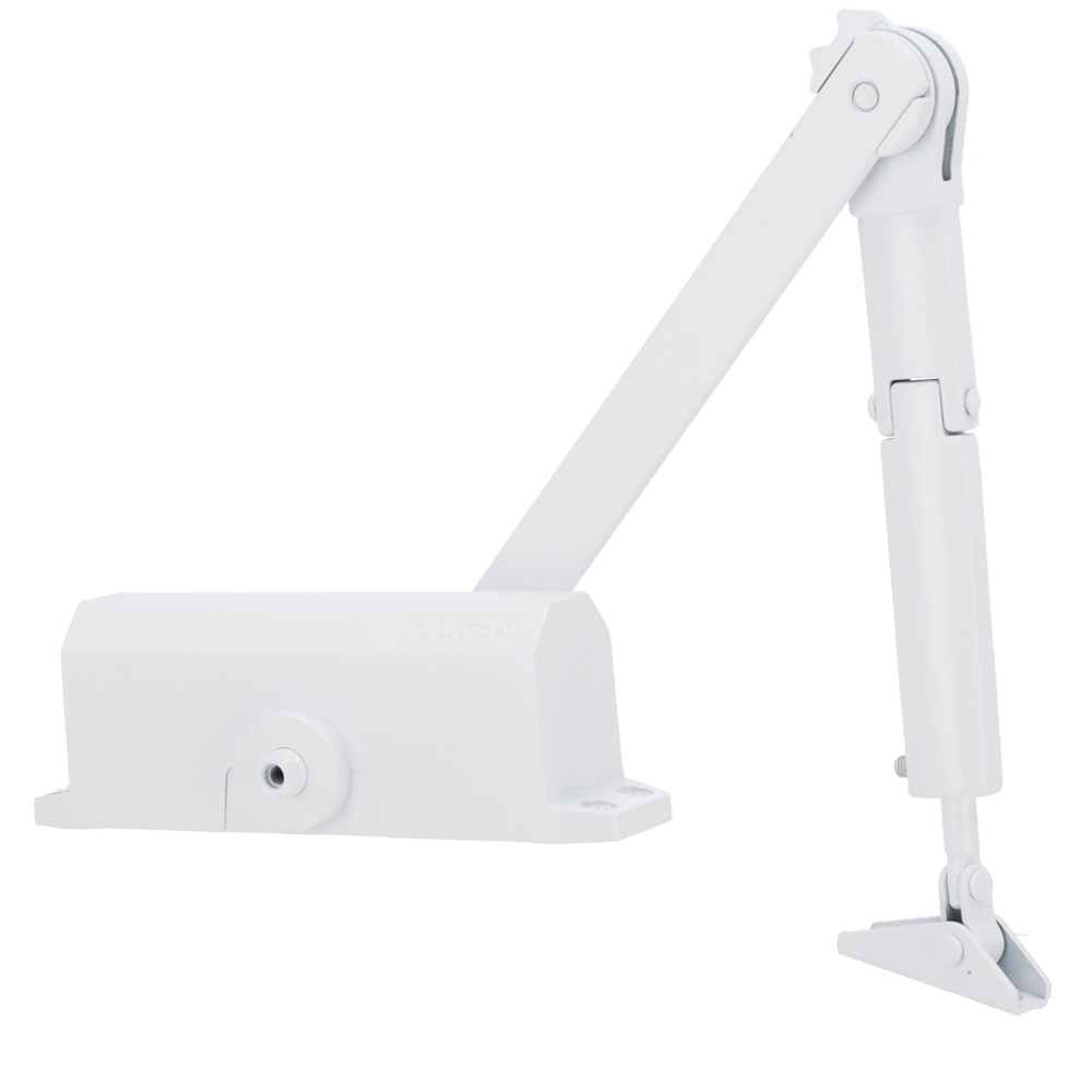 DORCAS DR-DC1-H-WHITE - Cierrapuertas de brazo articulado - Instalación de superficie y reversible - Apertura con fuerza reducida - Puertas entre 25~85 kg y 850~1100 mm - Velocidad ajustable - Apto para todo tipo de puertas - imagen 1