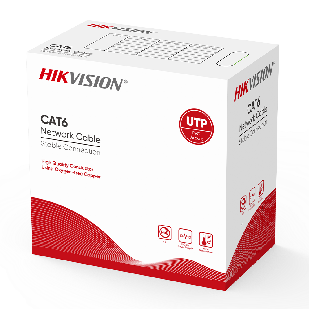 HIKVISION DS-1LN6UZC0 - Hikvision cable UTP categoría 6 - Conductor OFC, 99,5% cobre - Diámetro 24 AWG-0,51mm - Se suministra en caja de cartón de 305m - Cubierta color Blanco-Gris