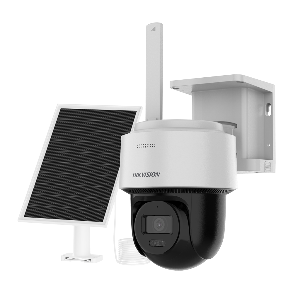 HIKVISION DS-2CFSP4/4G(2.8mm) - Cámara PTZ IP 4G con panel solar VALUE - Resolución 4 Mpx (2560x1440) - Lente fija 2.8 mm | Luz híbrida 30 m - Incluye panel fotovoltaico para uso autónomo 8 W - Baterías de litio 9000 mAh | Modo AOV - MicroSD | IP66 | Dete