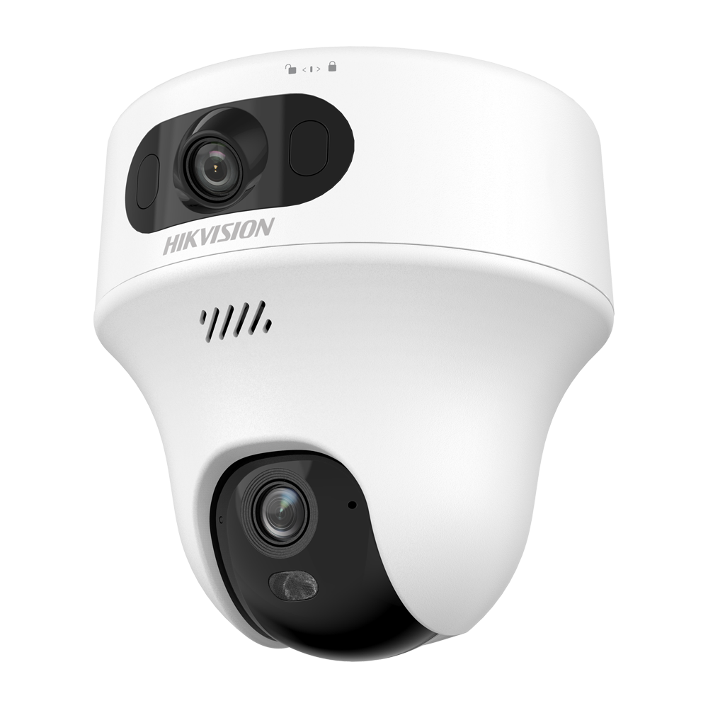 HIKVISION DS-2CFWQ6-D(2.8+4mm) - Cámara PT IP gama Value - 2 lentes fijas: Lente 1: 2.8 mm, Lente 2: 4 mm - Resolución 6 Mpx ( 3+3 Mpx) - Wi-Fi IEEE802.11b/g/n | Luz Híbrida hasta 10 m - Micrófono y altavoz integrados | DWDR - Detección de movimiento 2.0
