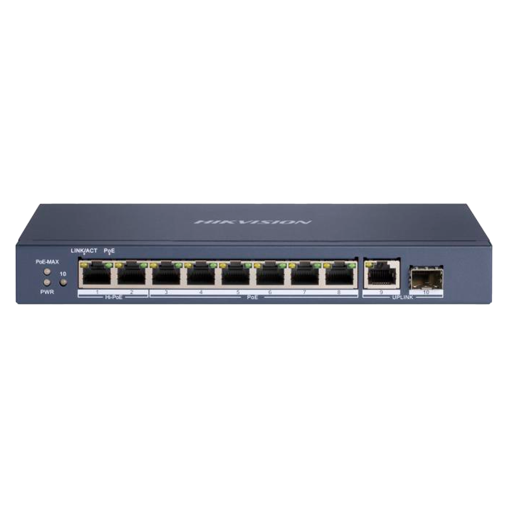 HIKVISION DS-3E0510HP-E - Switch Hi-PoE Hikvision - 8 puertos PoE + 1 Uplink RJ45 + 1 Uplink SFP - Velocidad de puertos Gigabit 10/100/1000Mbps - 6 Puertos PoE+ 30W + 2 Puerto Hi-PoE 90W - PoE Watchdog - Hasta 110W Potencia PoE total