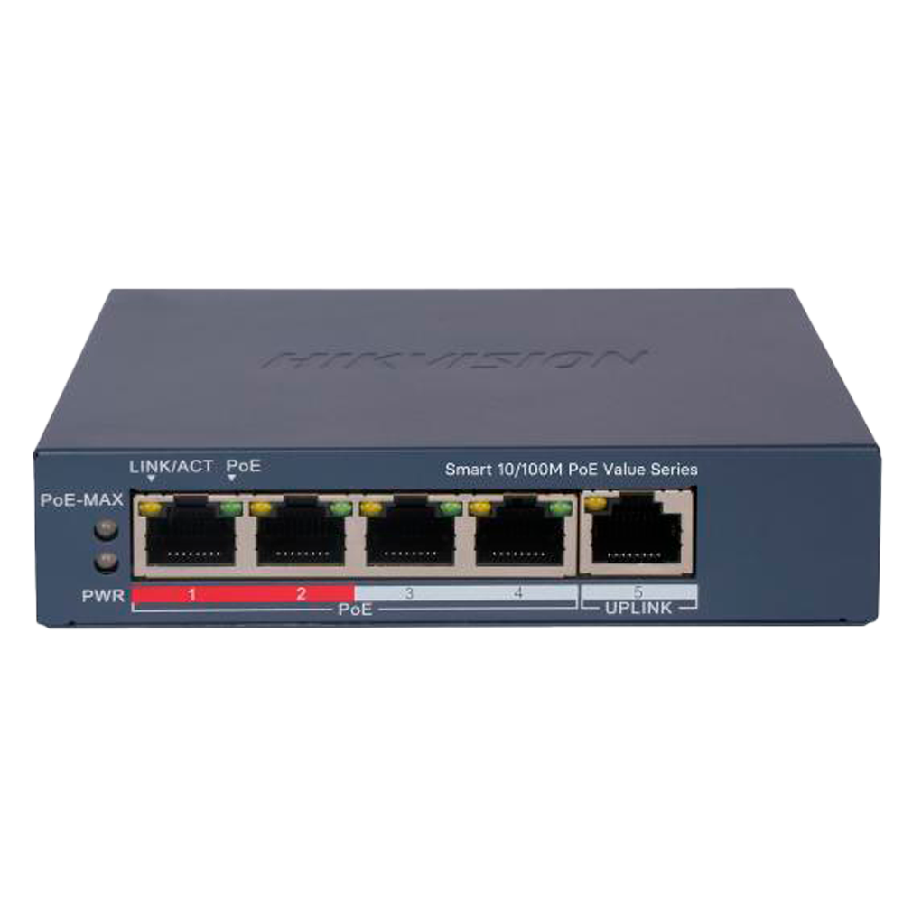 HIKVISION DS-3E1105P-EIV2 - Hikvision Switch PoE Gestionable - 4 Puertos PoE 802.3af/at + 1 Uplink - Velocidad 10/100 Mbps en cada puerto - Potencia de 30W por puerto / Máximo 60W - Transmisión de largo alcance hasta 300m - PoE Watchdog para autoreinicio