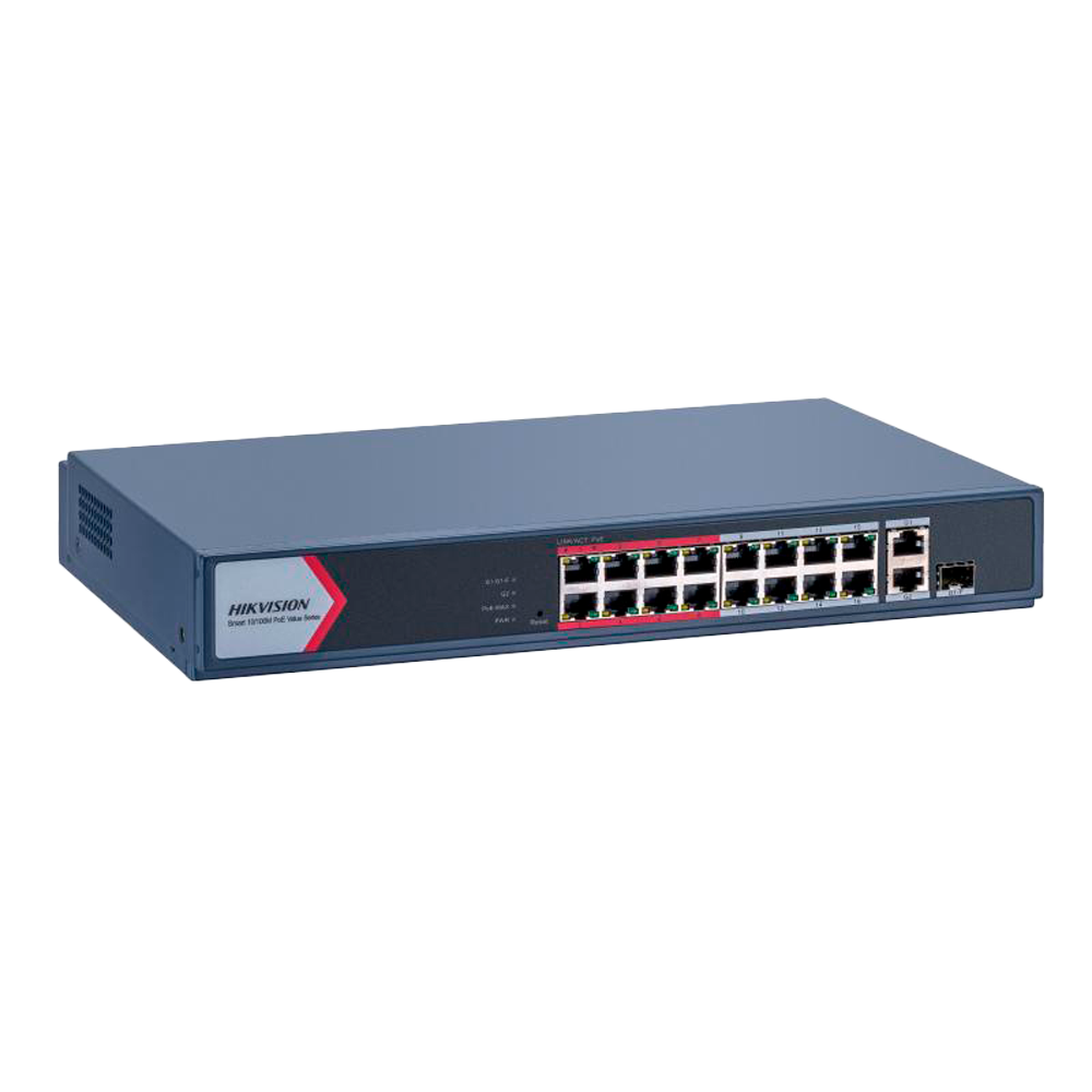 HIKVISION DS-3E1318P-EI/M - Hikvision Switch PoE Gestionable - 16 Puertos PoE 802.3af/at + 2 Uplinks Gigabit - Un puerto RJ45 Dedicado y un puerto Combo - Potencia de 30W por puerto / Máximo 130W - Transmisión de largo alcance hasta 300m - PoE Watchdog pa