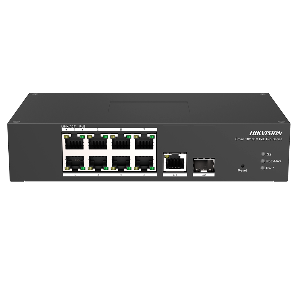 HIKVISION DS-3T1310P-SI/HS - Hikvision Switch PoE Gestionable - 8 Puertos PoE 802.3af/at + 2 Uplinks - Puertos 10/100 Mbps y Uplinks Gigabit - Potencia de 30W por puerto / Máximo 110W - Rango de temperatura ampliado -30°C a 65°C - PoE Watchdog para autore