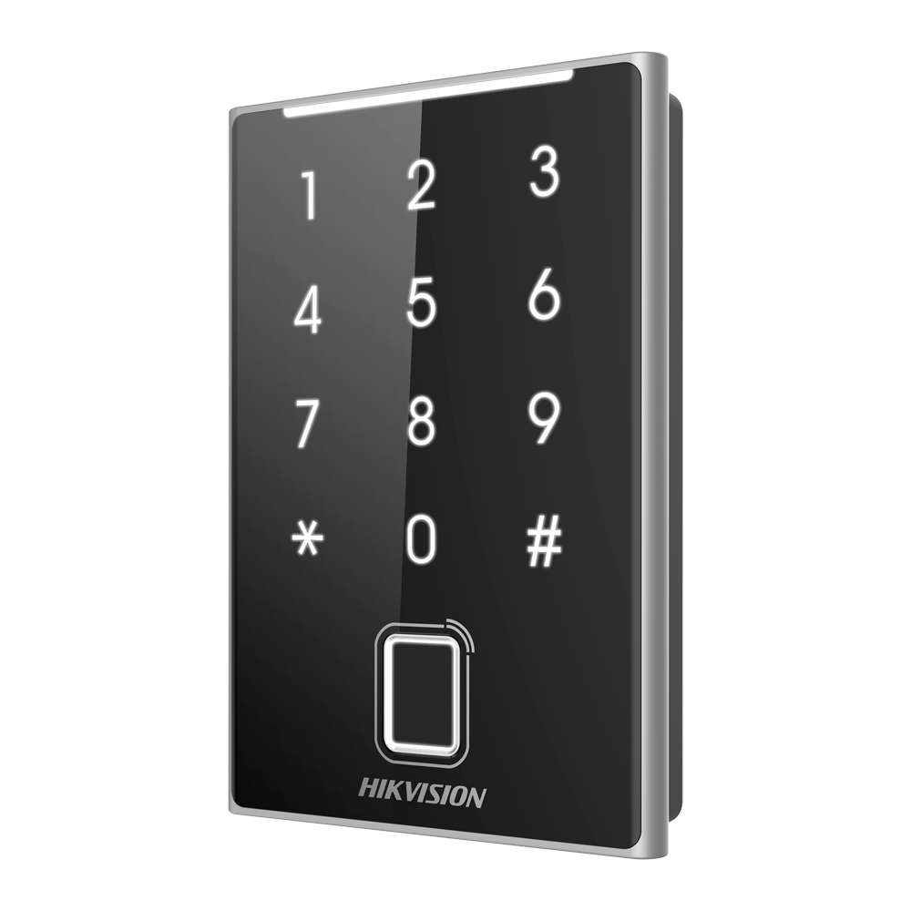HIKVISION DS-K1109DKFB - Lector de acceso - Acceso por huella, tarjeta MF DESFire y PIN - Indicador LED y acústico - Wiegand 26/34 | RS485 - Compatible con controladoras Hikvision - Apto para exterior IP65