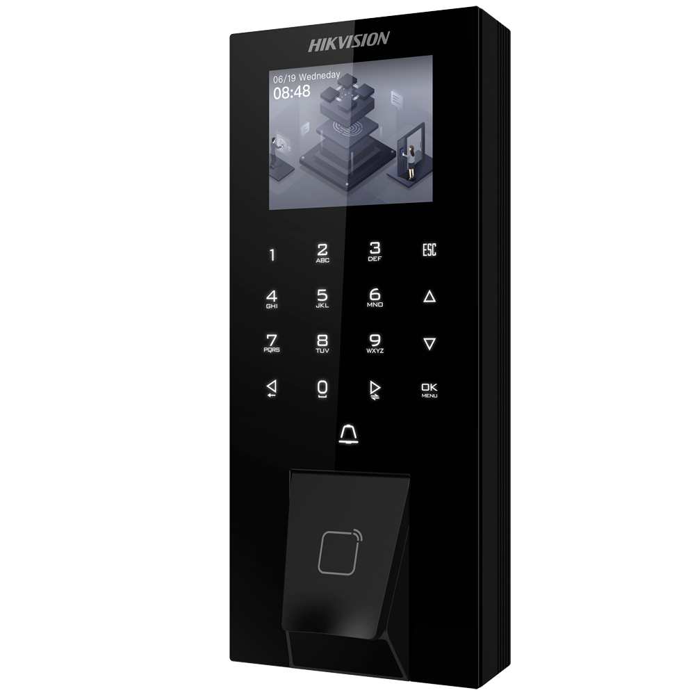HIKVISION DS-K1T807MBFWX-E1 - Control de acceso y presencia PoE IP65 - Huella, tarjeta MF y PIN - 5.000 usuarios | 150.000 registros - TCP/IP, WiFi, USB, RS485 y Wiegand - 2.4" TFT | Controladora integrada - iVMS-4200 | Hik-Connect