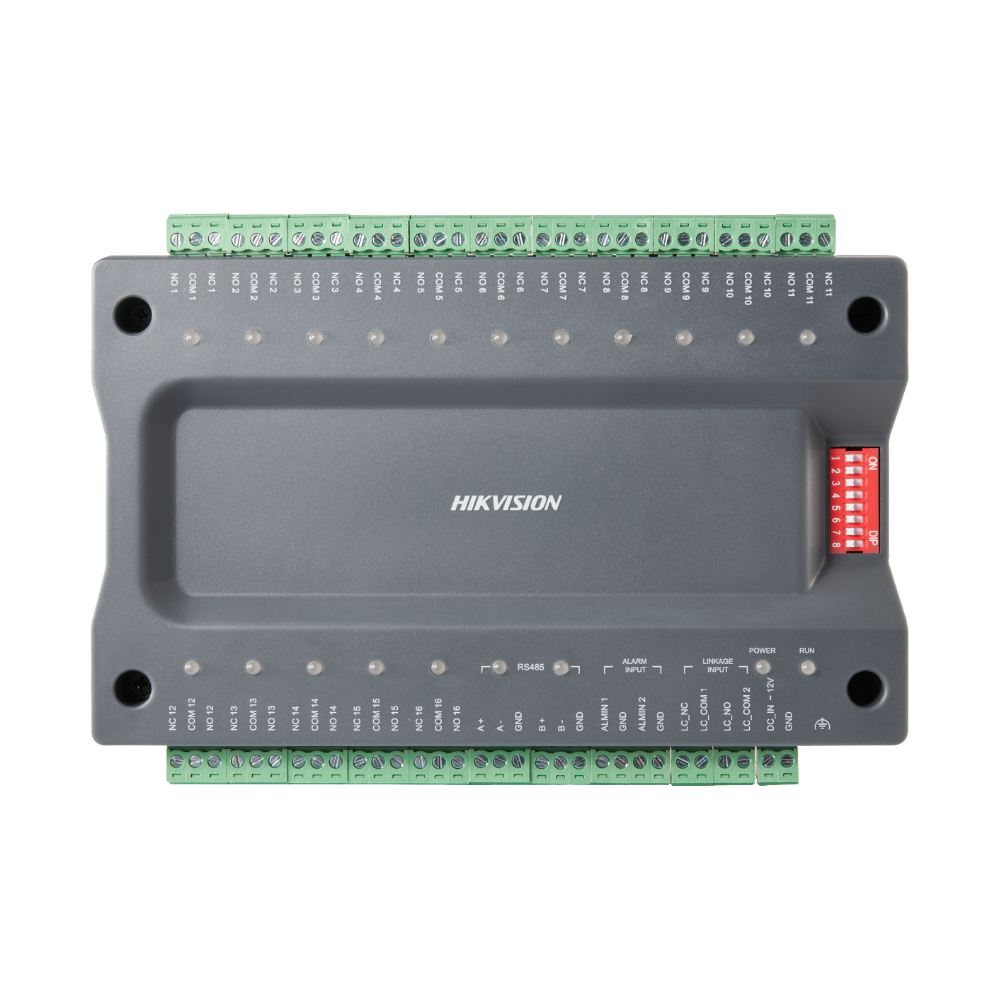HIKVISION DS-K2M0016A - Controladora esclava para ascensores - Salida de 16 relés - 3 modos de funcionamiento - Configuración con DIP switch - RS485 para comunicación - Necesaria placa maestra DS-K22x0