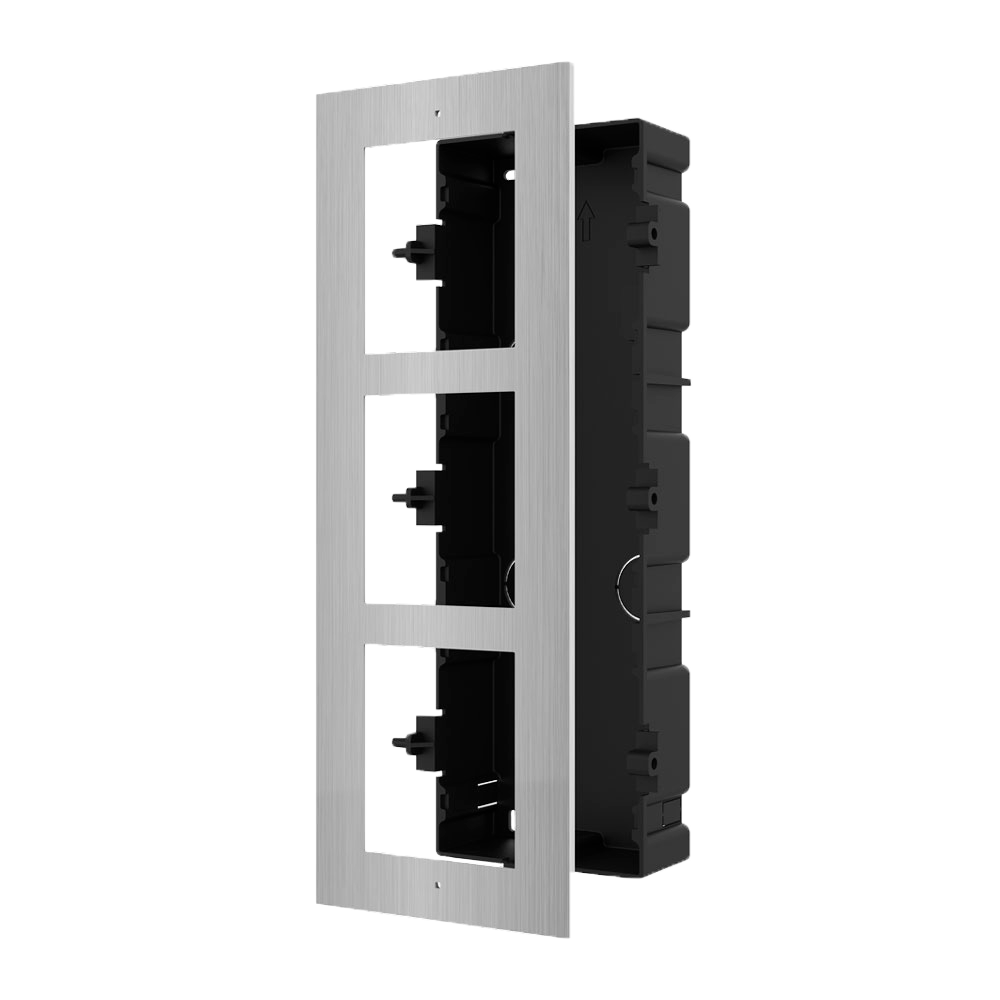 HIKVISION DS-KD-ACF3/S - Panel frontal y caja de registro encastrada - Hasta 3 módulos - Específica para videoporteros Hikvision - Compatible con módulos Hikvision - Caja fabricado en plástico - Panel fabricado en acero inoxidable