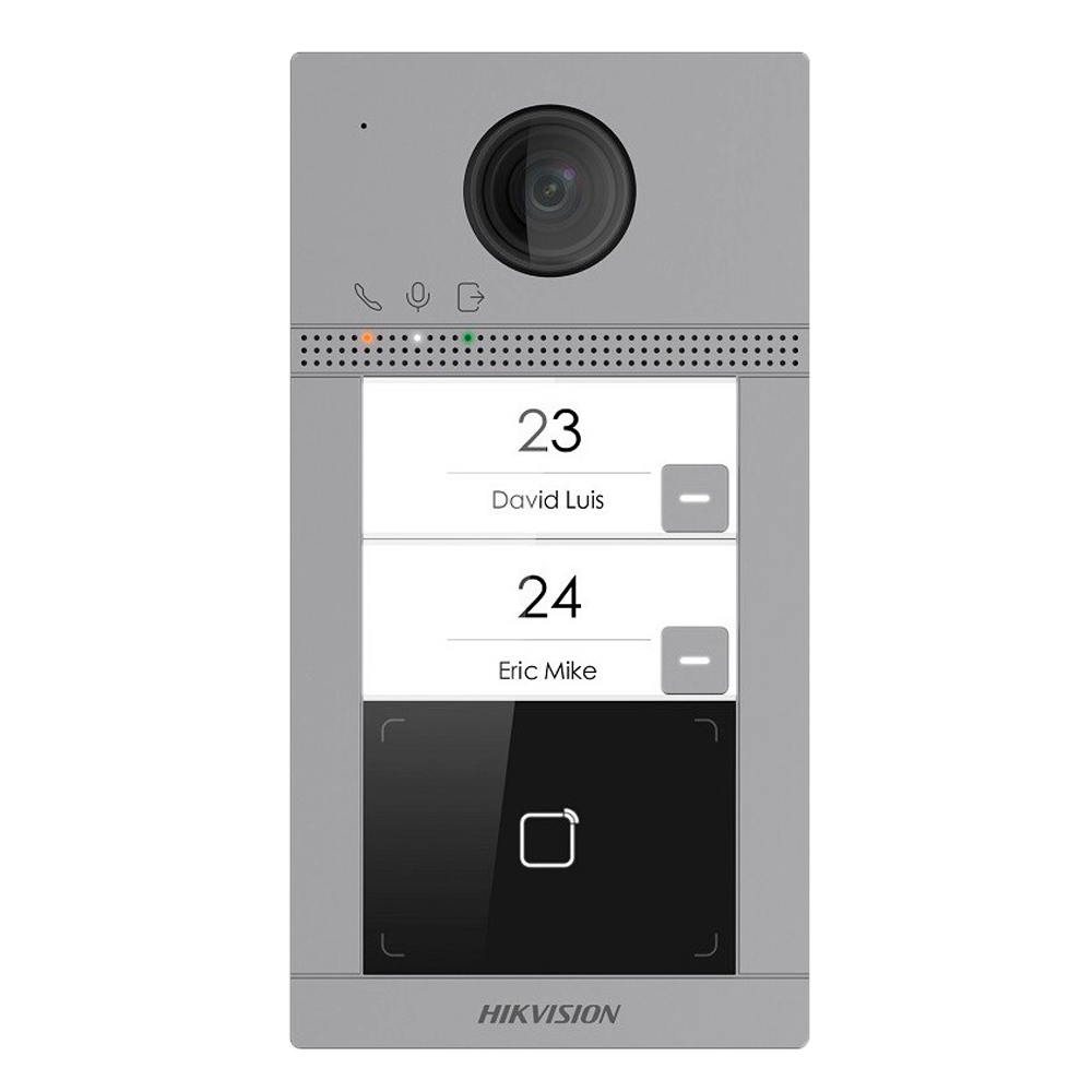 HIKVISION DS-KV8213-WME1(C)/Flush - Videoportero IP WiFi 2 apartamentos - Cámara 2 Mpx | Audio bidireccional - Apertura con tarjeta MF | 2 relés - App móvil con o sin monitor - Apto para exterior IP65 | IK08 - Montaje encastrado | PoE