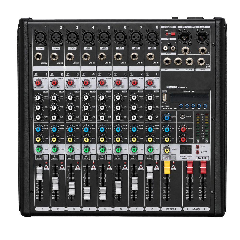 DSPPA-DMX08 - Mezclador profesional analógico DSPPA - 8 entradas Mic XLR balanceadas - Bus estéreo | 2 AUX | DSP integrado - EQ 3 bandas | Mute | Fader 60 mm - USB reproducción/grabación | Bluetooth - Ideal directo, eventos e instalaciones AV - imagen 1