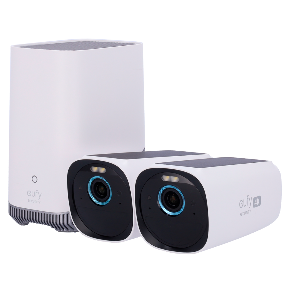 EUFY-CAM3-S330 - Kit 2 Cámaras 4K solar + 1 HomeBase 3 - Detección Humanos, mascotas y vehículos - HomeBase WiFi con sirena - Almacenamiento integrado 16 GB - Autonomía illimitada - Apta para exterior IP65 - imagen 1