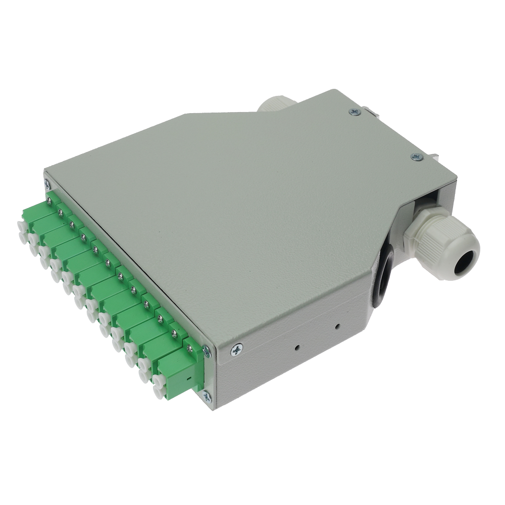 MARCA BLANCA FIBERBOX-DIN-12-LC-APC - Caja de distribución de fibra para carril DIN - Incluye 12 adaptadores LC dúplex preinstalados - Pulido APC para baja pérdida de señal óptica - Bandeja de empalme interna integrada - Se suministra vacía, sin pigtails - imagen 1