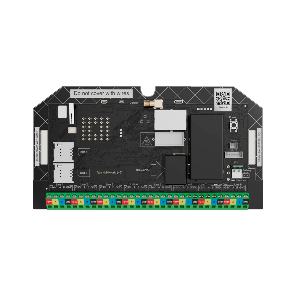AJAX FIBRA-HUBHYBRID-4G-NOCASE - Central de alarma profesional híbrida Grado 3 - Inalámbrico (Jeweller/Wings) y cableado (Fibra) - Comunicación Ethernet y dual SIM 4G - Hasta 9 grupos de armado - 8 líneas de bus independientes - App Móvil y Software PC (h - imagen 1