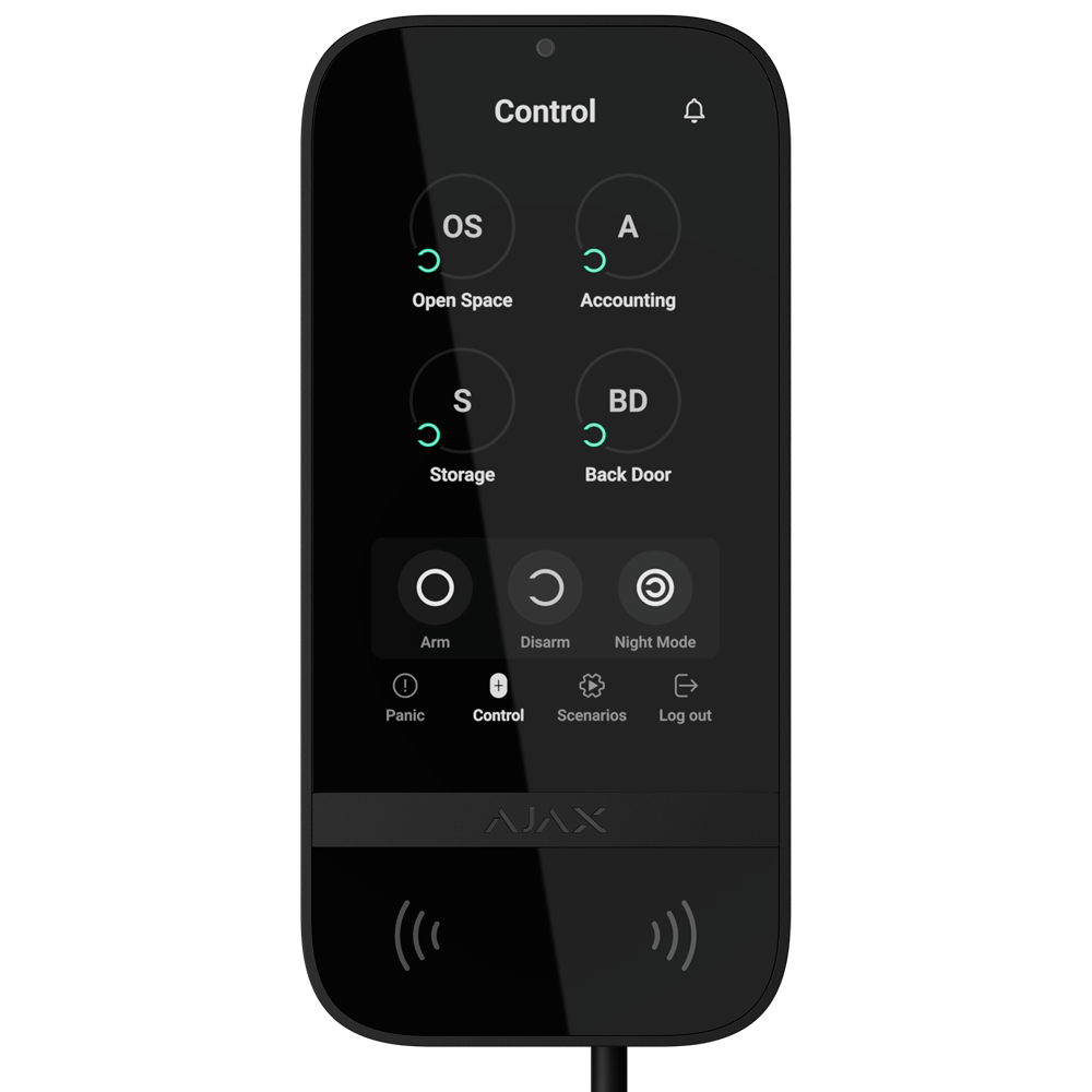 AJAX FIBRA-KEYPADTOUCHSCREEN-B - Teclado con pantalla IPS táctil y RFID - Grado 3 - Armado/desarmado total o por grupos - Control de los escenarios de automatización - Autenticación: códigos, lector RFID o Bluetooth - Conexión cableada y alimentación exte - imagen 1