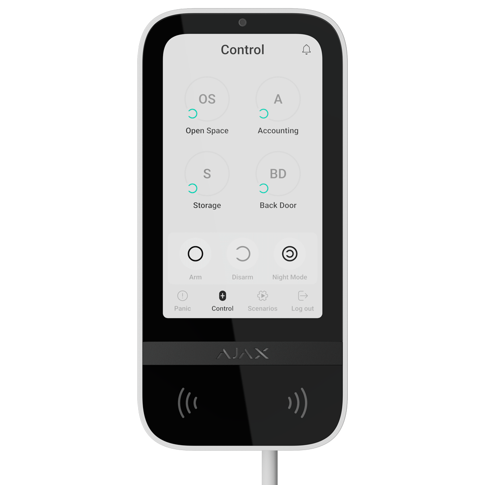 AJAX FIBRA-KEYPADTOUCHSCREEN-W - Teclado con pantalla IPS táctil y lector RFID - Armado/desarmado total o por grupos - Control de los escenarios de automatización - Autenticación: códigos, lector RFID o Bluetooth - Conexión cableada y alimentación externa - imagen 1