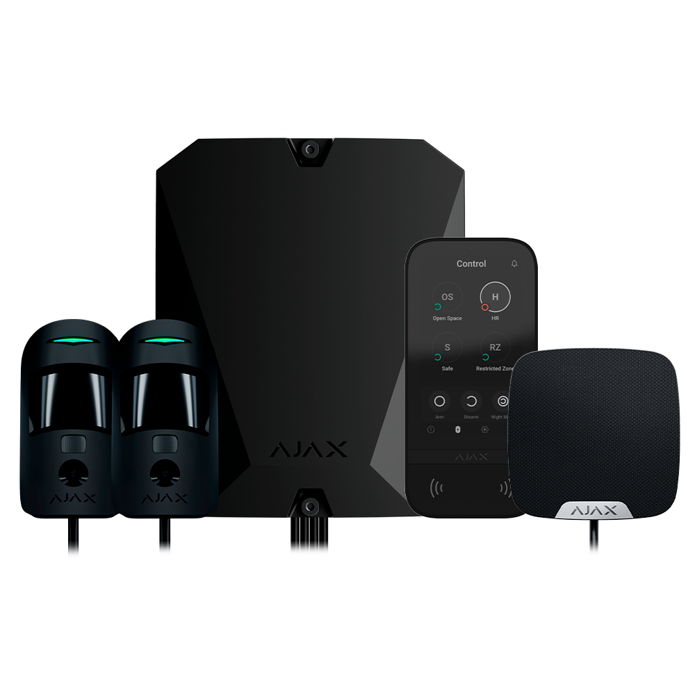 AJAX FIBRA-KIT6-PRO-4G-B - Kit de alarma profesional - Certificado Grado 2 - Comunicación Ethernet y dual SIM 4G - Protocolos Jeweller, Wings y Fibra - Incluye: panel híbrido, 2 PIRCAMs cableados, - sirena de interior y teclado de pantalla táctil - imagen 1