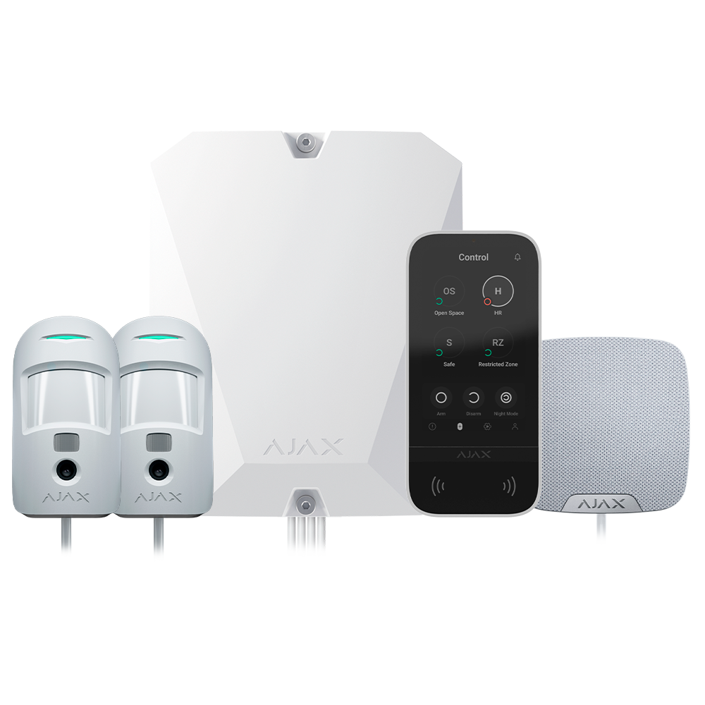 AJAX FIBRA-KIT6-PRO-4G-W - Kit de alarma profesional - Certificado Grado 2 - Comunicación Ethernet y dual SIM 4G - Protocolos Jeweller, Wings y Fibra - Incluye: panel híbrido, 2 PIRCAMs cableados, - sirena de interior y teclado de pantalla táctil - imagen 1