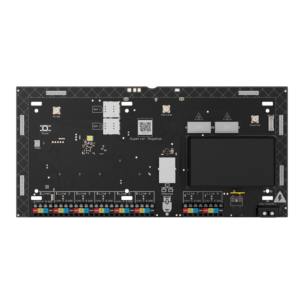 AJAX FIBRA-MEGAHUB-NOCASE - Central de alarma - Grado 3 - Inalámbrica: Superior Jeweller y TurboWings - Cableada: Fibra - Comunicación Ethernet, Wi-Fi y dual SIM 4G/2G - Hasta 999 dispositivos inalámbricos y cableados - 1000 usuarios y 100 grupos de armad - imagen 1