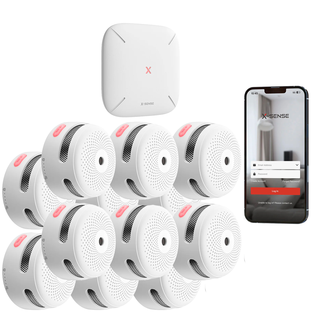 X-SENSE FS121 - Kit de detección de incendio autónomo X-Sense - Inlcuye 12 detectores de humo XS01-M y Hub SBS50 - Conexión con HUB SBS50 para comunicación por APP - Permite conectar 50 detectores en la misma red - Alarma sonora 85 dB a 3m - Certificado E - imagen 1