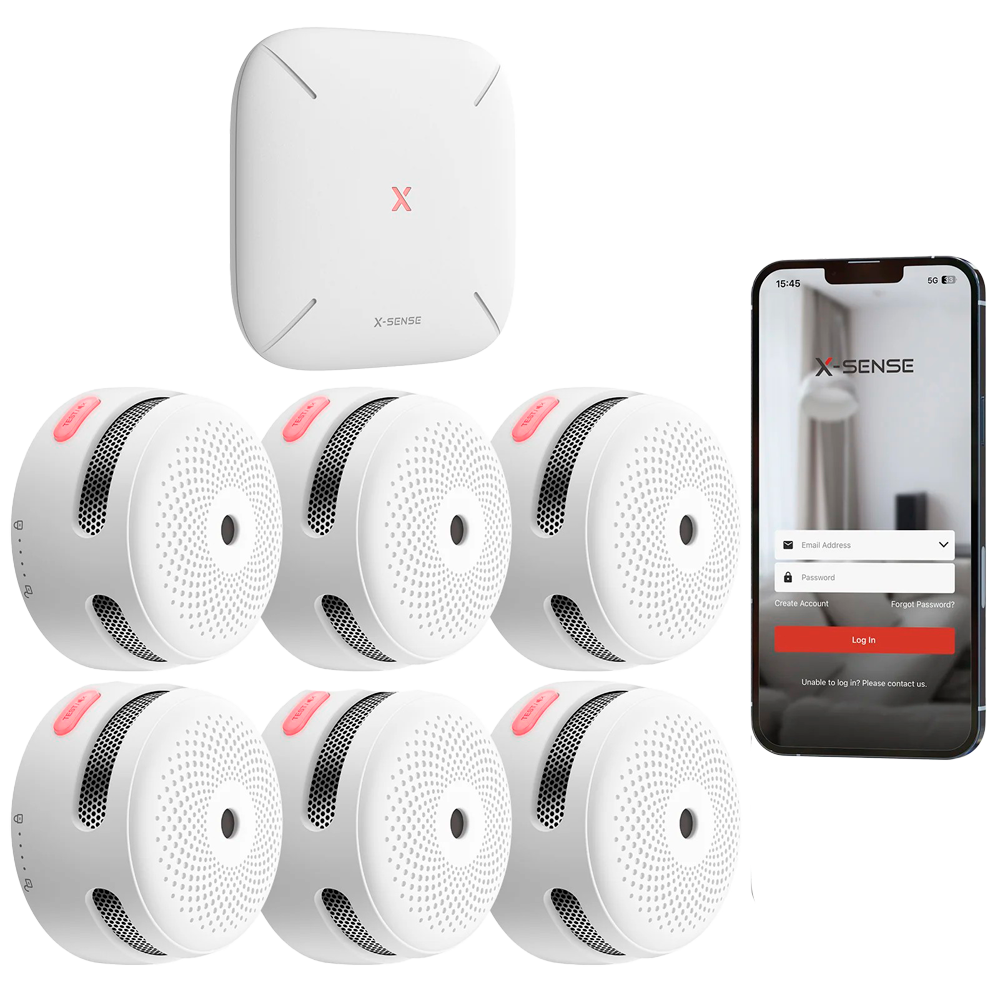 X-SENSE FS61 - Kit de detección de incendio autónomo X-Sense - Inlcuye 6 detectores de humo XS01-M y Hub SBS50 - Conexión con HUB SBS50 para comunicación por APP - Permite conectar 50 detectores en la misma red - Alarma sonora 85 dB a 3m - Certificado EN - imagen 1
