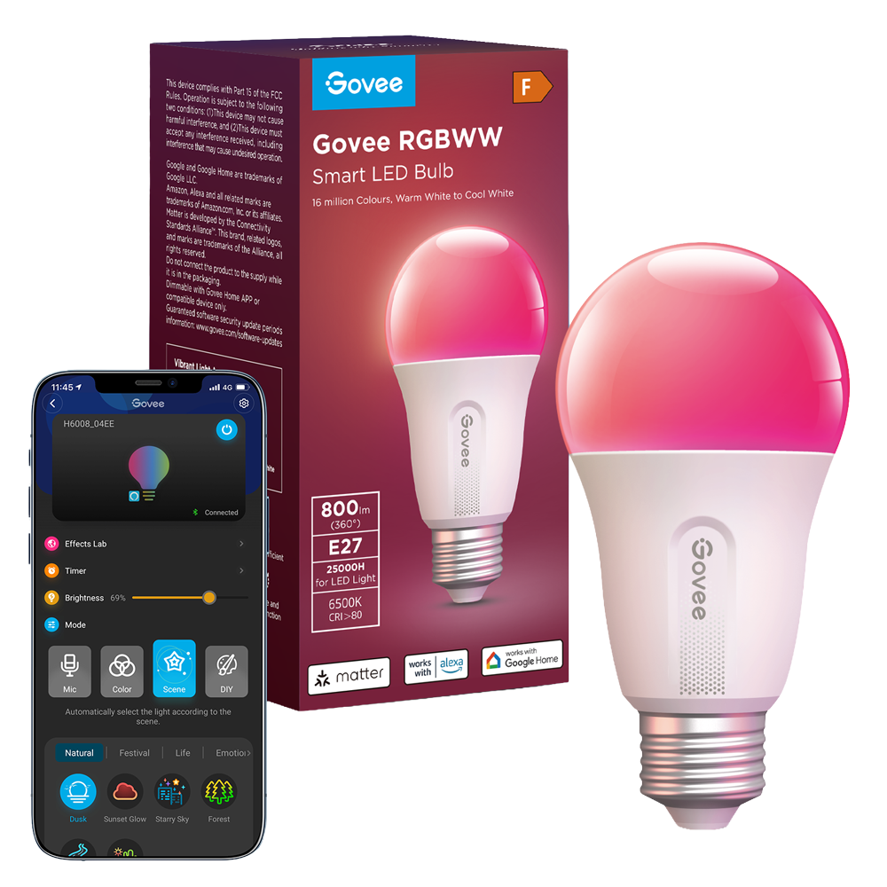 GOVEE GV-BULB-H6004-E27-1P - Bombilla inteligente E27 Govee - Wi-Fi 2.4 GHz + Bluetooth - Color segmentado + Blanco cálido/frío - Intensidad 800 lúmenes - Matter / Homekit / Alexa / Google Home - Para interior - imagen 1