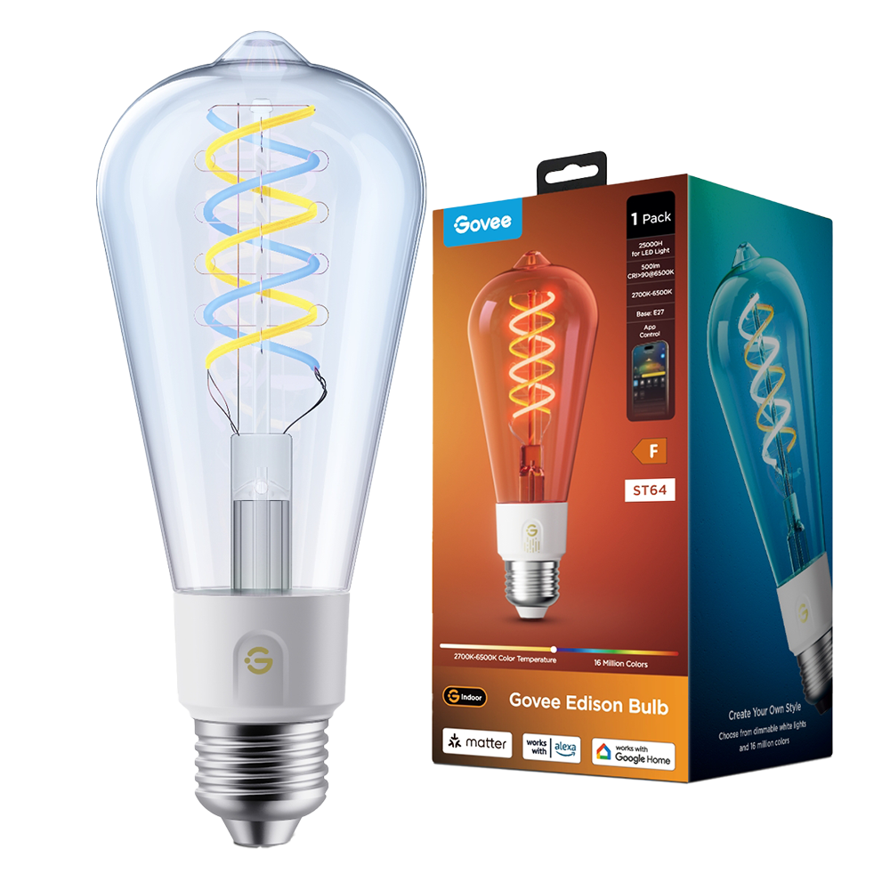 GOVEE GV-BULB-R14C0-EDISON-E27-ST64 - Bombilla inteligente Edison ST64 E27 Govee - Wi-Fi 2.4 GHz + Bluetooth - Color segmentado + Blanco cálido/frío - Intensidad 500 lúmenes / 6500 K - Matter / Homekit / Alexa / Google Home - Para interior - imagen 1